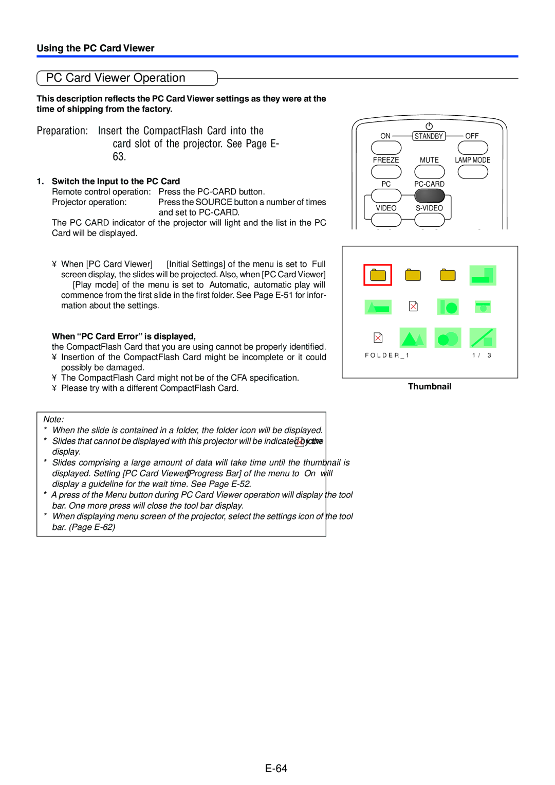 Mitsubishi Electronics XD50U user manual PC Card Viewer Operation, Switch the Input to the PC Card, Set to PC-CARD 