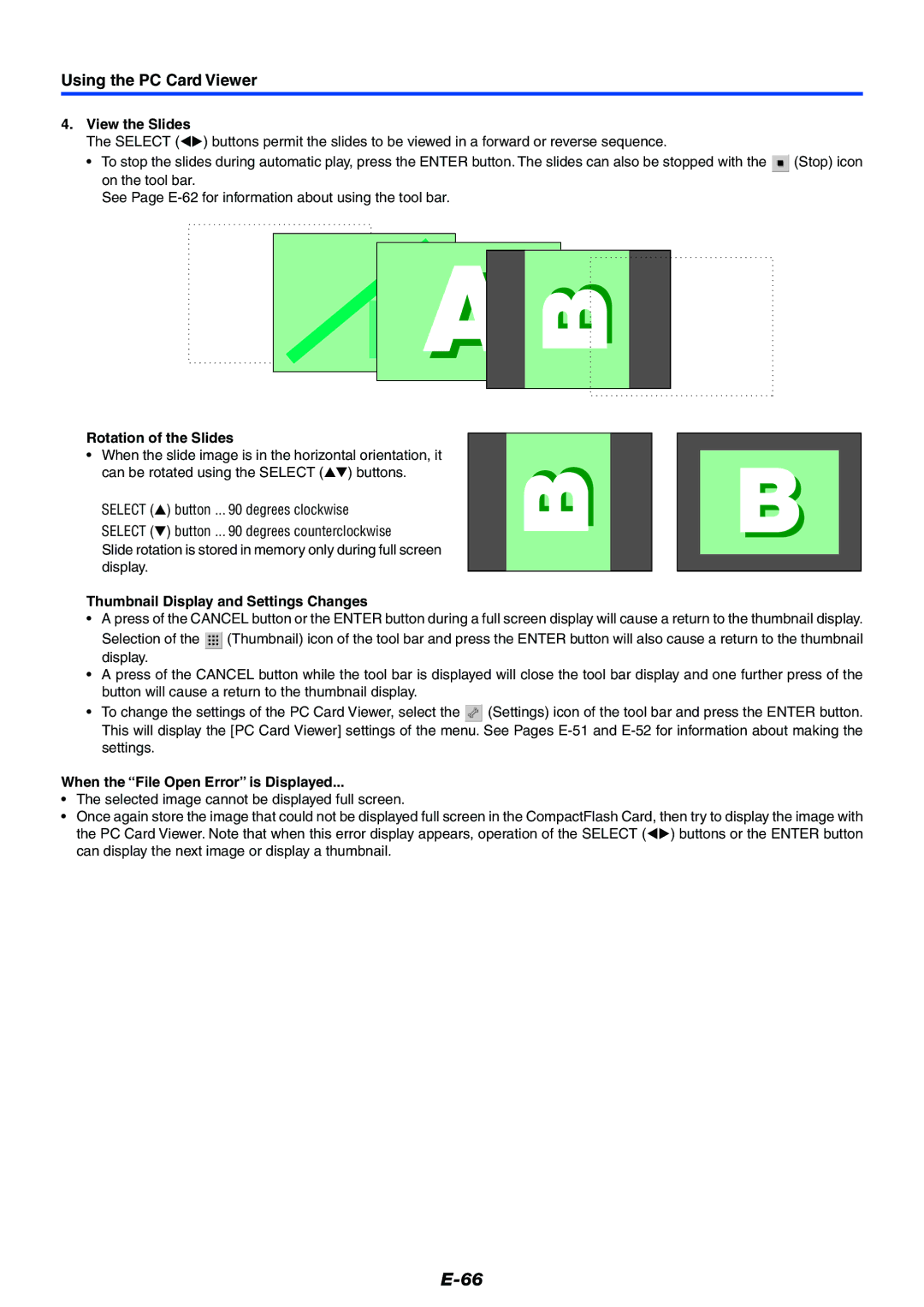 Mitsubishi Electronics XD50U user manual View the Slides, Rotation of the Slides, Thumbnail Display and Settings Changes 