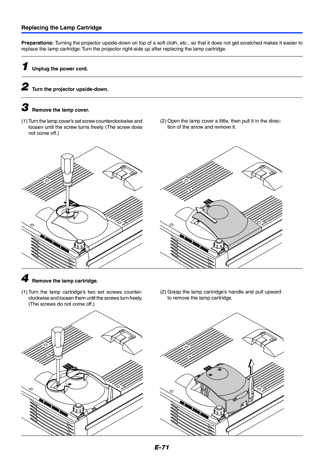 Mitsubishi Electronics XD50U user manual Replacing the Lamp Cartridge, Remove the lamp cartridge 