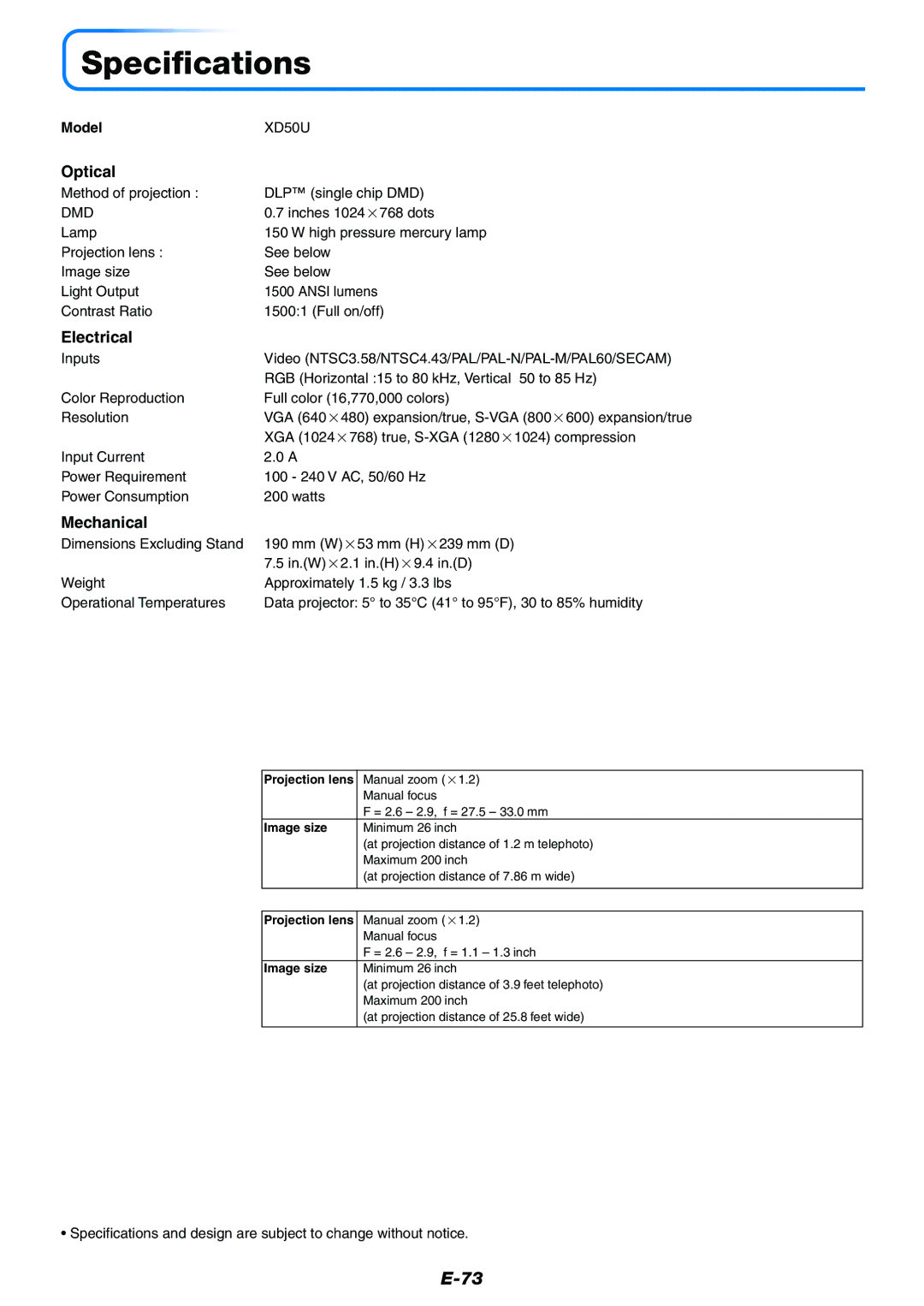 Mitsubishi Electronics user manual Specifications, Optical, Electrical, Mechanical, ModelXD50U 