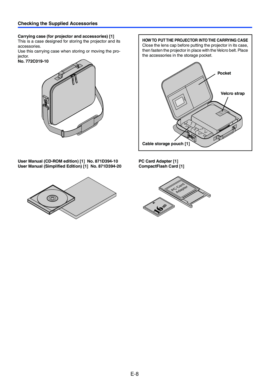 Mitsubishi Electronics XD50U user manual Checking the Supplied Accessories, Carrying case for projector and accessories 