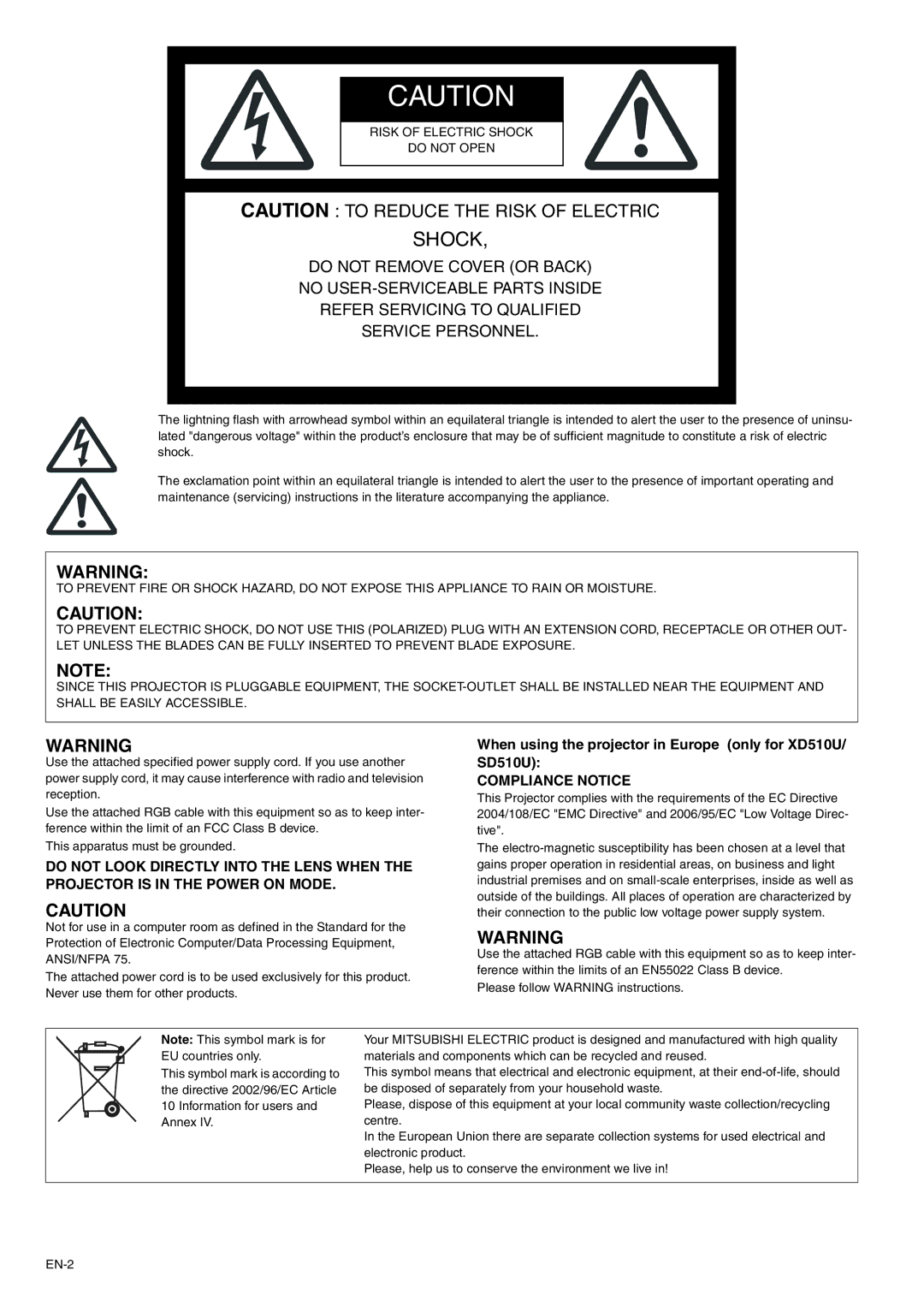 Mitsubishi Electronics XD510U-G user manual Shock, When using the projector in Europe only for XD510U/ SD510U 