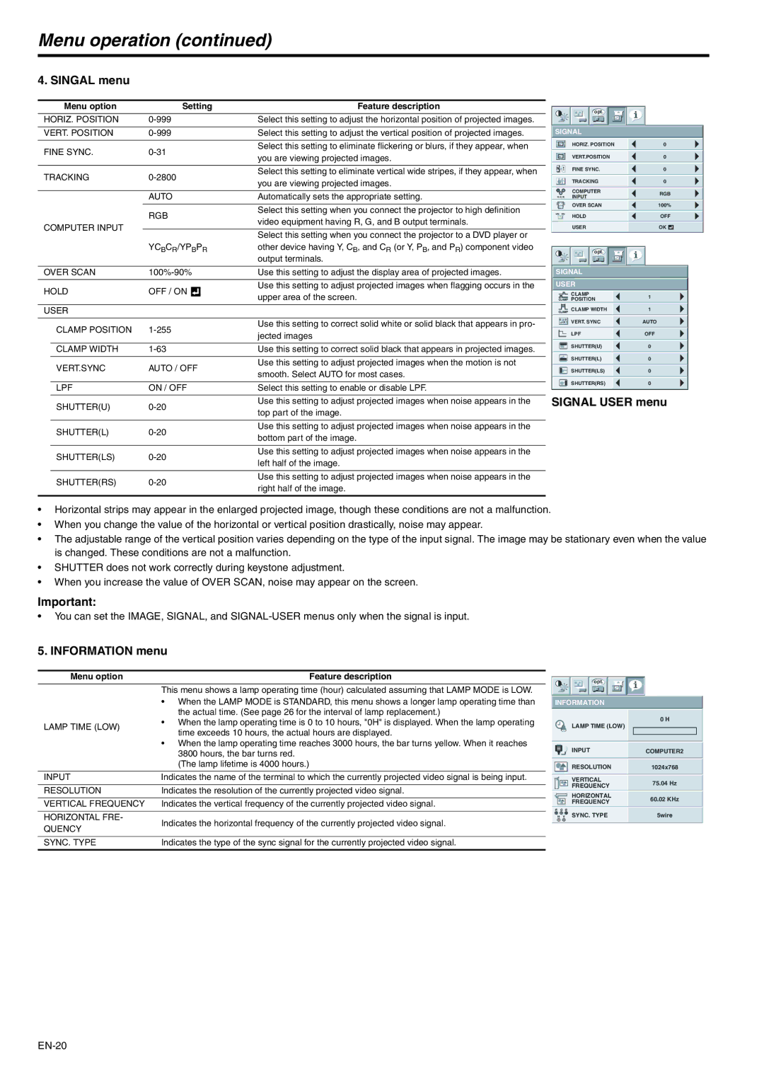 Mitsubishi Electronics XD510U-G user manual Singal menu, Signal User menu, Information menu 