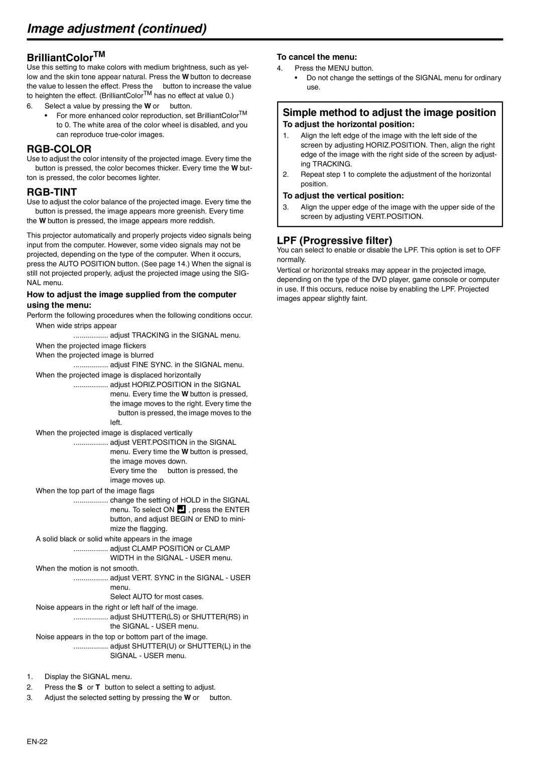 Mitsubishi Electronics XD510U-G user manual Image adjustment, BrilliantColorTM, Simple method to adjust the image position 