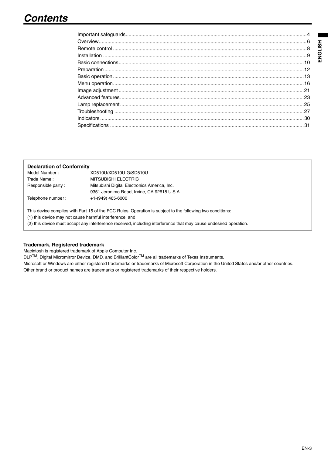 Mitsubishi Electronics XD510U-G user manual Contents 