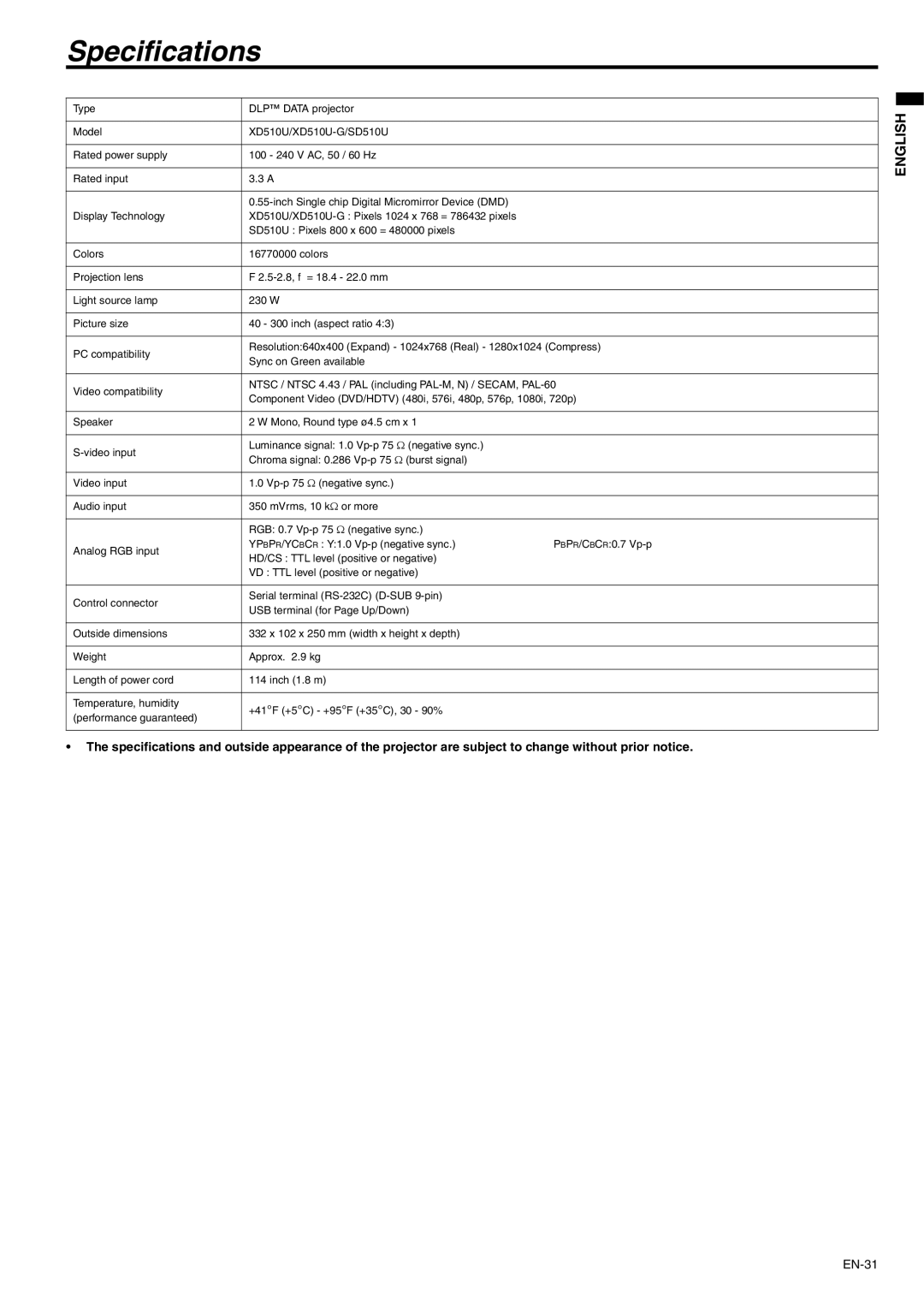 Mitsubishi Electronics XD510U-G user manual Specifications 