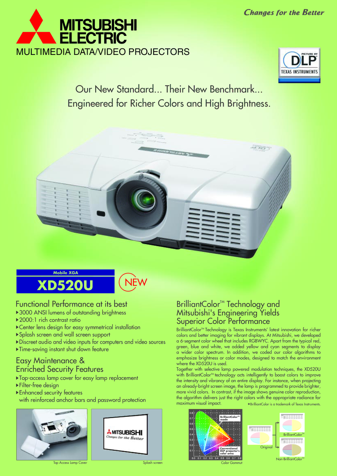 Mitsubishi Electronics xd520u manual Functional Performance at its best, Easy Maintenance Enriched Security Features 