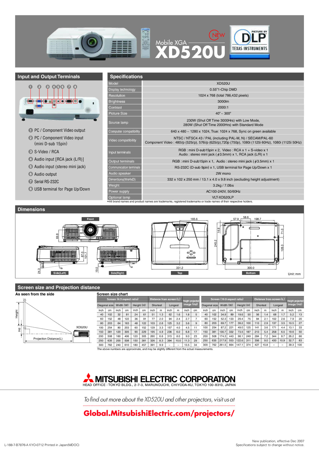 Mitsubishi Electronics xd520u Input and Output Terminals, Specifications, Dimensions, Screen size and Projection distance 