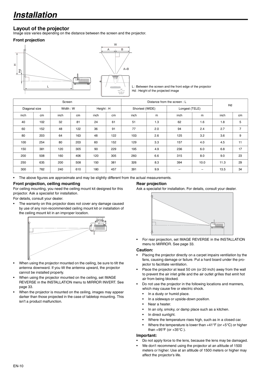 Mitsubishi Electronics XD530U, XD530E Installation, Layout of the projector, Front projection, ceiling mounting 