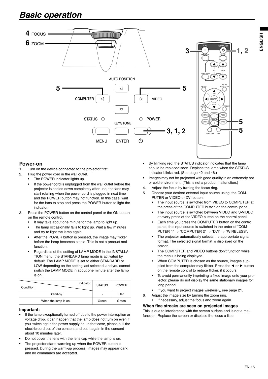 Mitsubishi Electronics XD530E Basic operation, Power-on, When fine streaks are seen on projected images, Status Power 