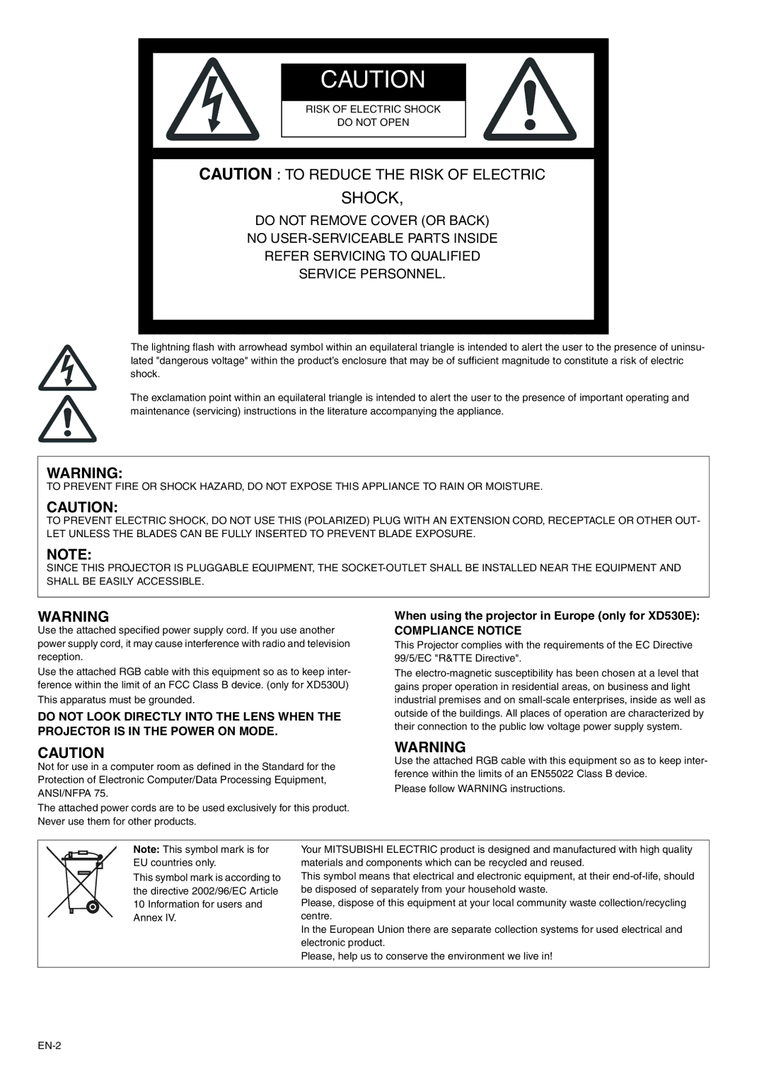 Mitsubishi Electronics XD530U user manual Shock, When using the projector in Europe only for XD530E 