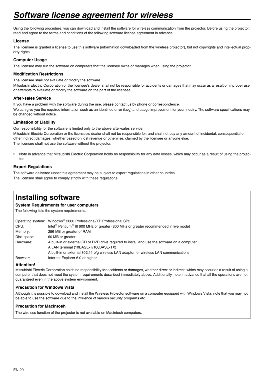 Mitsubishi Electronics XD530U, XD530E user manual Software license agreement for wireless 