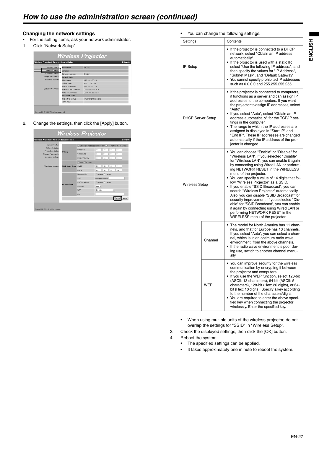 Mitsubishi Electronics XD530E, XD530U user manual How to use the administration screen, Changing the network settings, Wep 