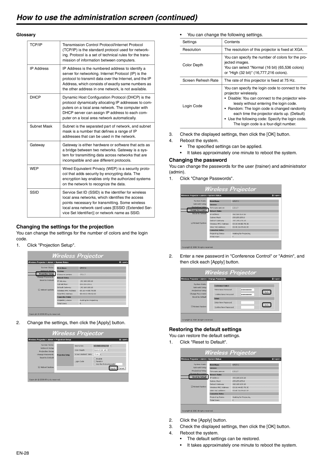 Mitsubishi Electronics XD530U, XD530E user manual Changing the settings for the projection, Changing the password 