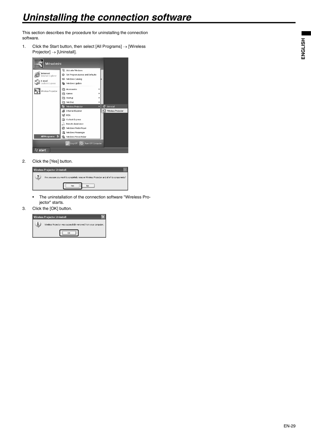 Mitsubishi Electronics XD530E, XD530U user manual Uninstalling the connection software 