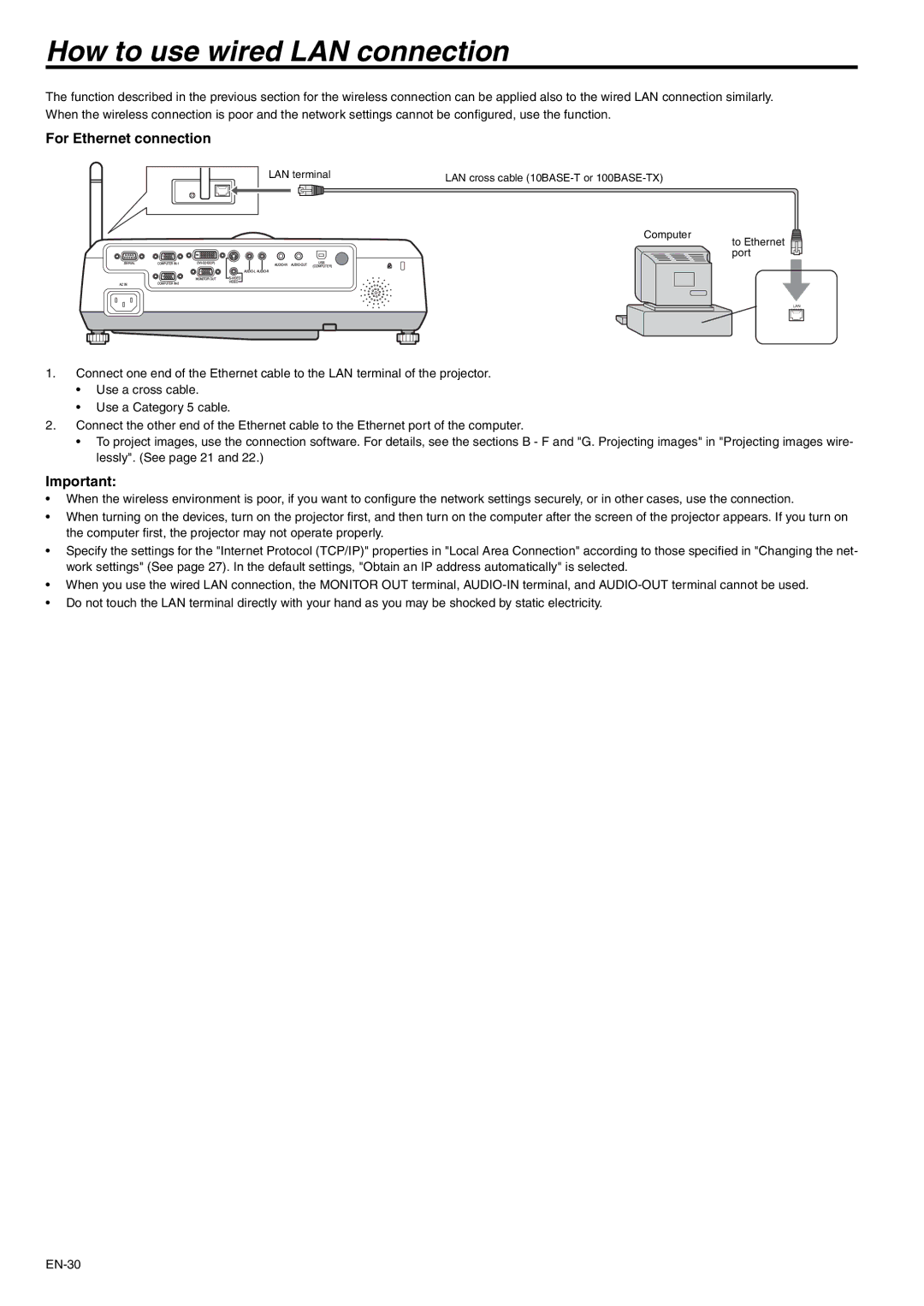 Mitsubishi Electronics XD530U, XD530E user manual How to use wired LAN connection, For Ethernet connection 