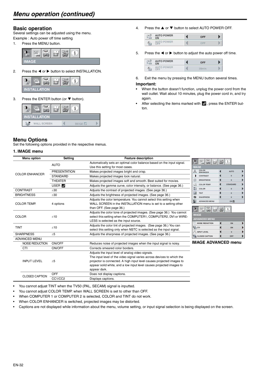 Mitsubishi Electronics XD530U, XD530E Menu operation, Basic operation, Menu Options, Image menu, Image Advanced menu 