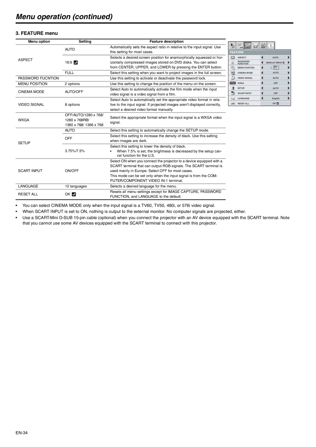 Mitsubishi Electronics XD530U, XD530E user manual Feature menu 