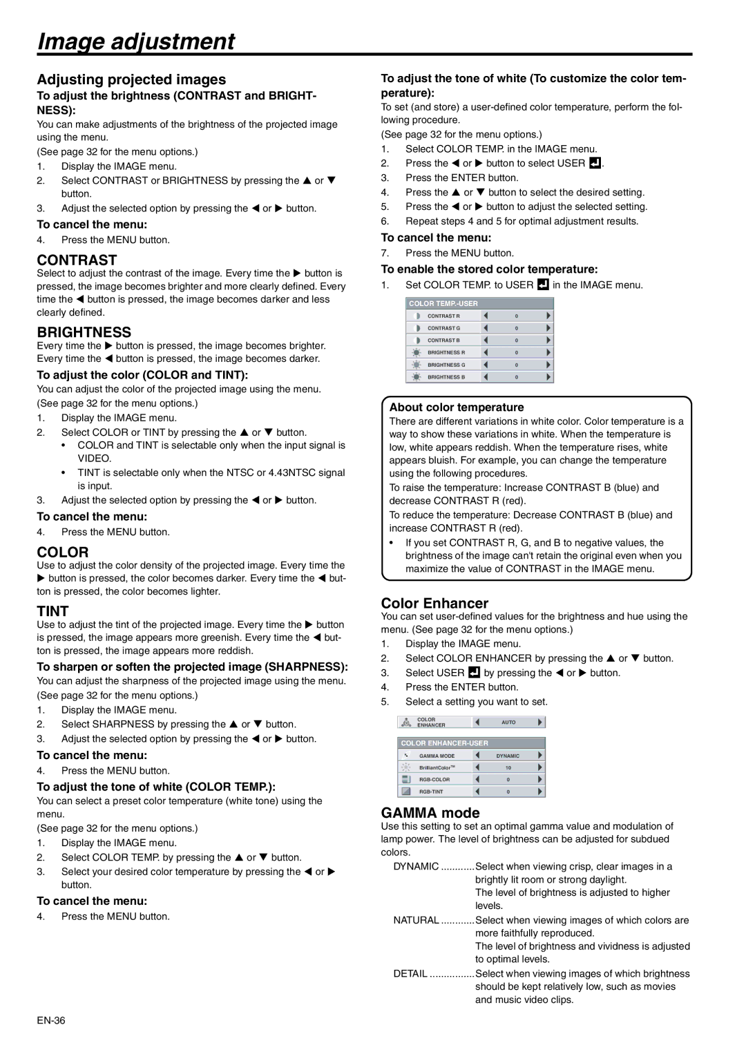 Mitsubishi Electronics XD530U, XD530E user manual Image adjustment, Adjusting projected images, Color Enhancer, Gamma mode 