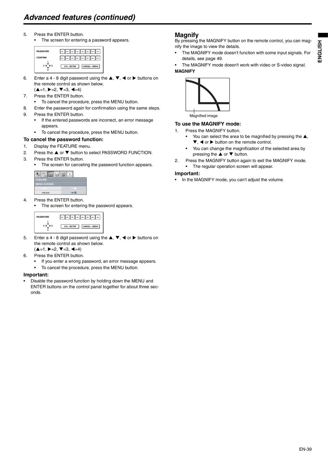 Mitsubishi Electronics XD530E, XD530U Advanced features, To cancel the password function, To use the Magnify mode 