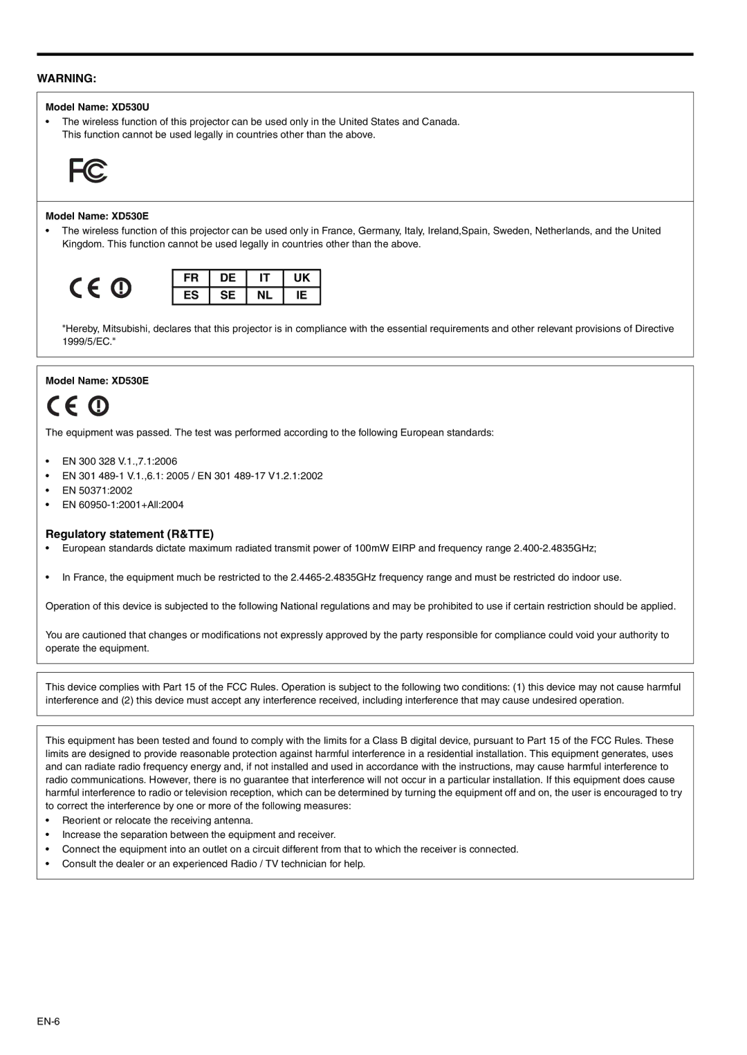 Mitsubishi Electronics XD530E user manual Regulatory statement R&TTE, Model Name XD530U 