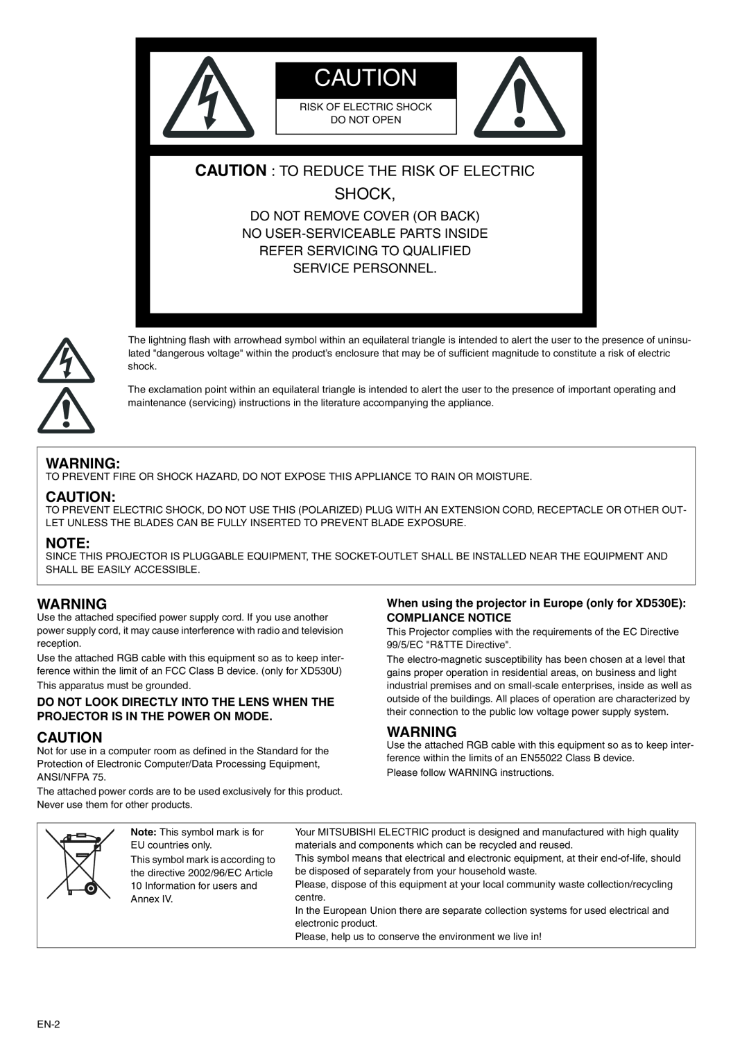 Mitsubishi Electronics XD530U, XD530E user manual Caution To Reduce The Risk Of Electric, Shock 