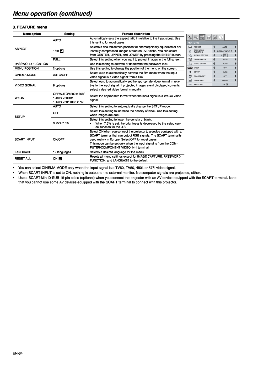 Mitsubishi Electronics XD530U, XD530E user manual FEATURE menu, Menu operation continued 