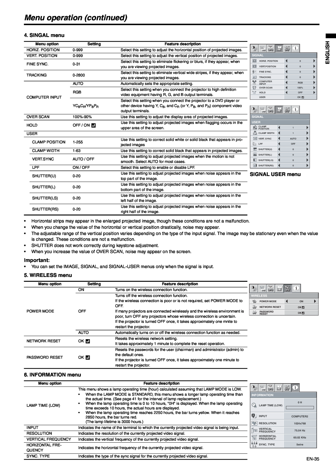 Mitsubishi Electronics XD530E SINGAL menu, SIGNAL USER menu, WIRELESS menu, INFORMATION menu, Menu operation continued 