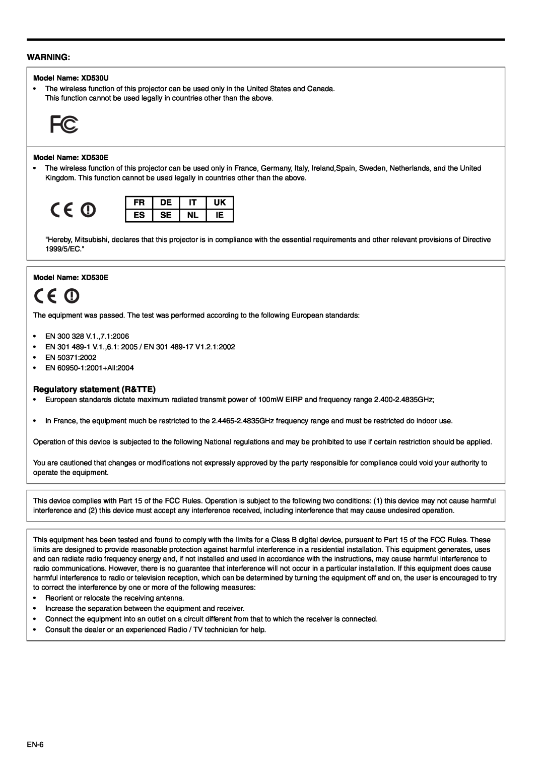 Mitsubishi Electronics user manual Regulatory statement R&TTE, Model Name XD530U, Model Name XD530E 