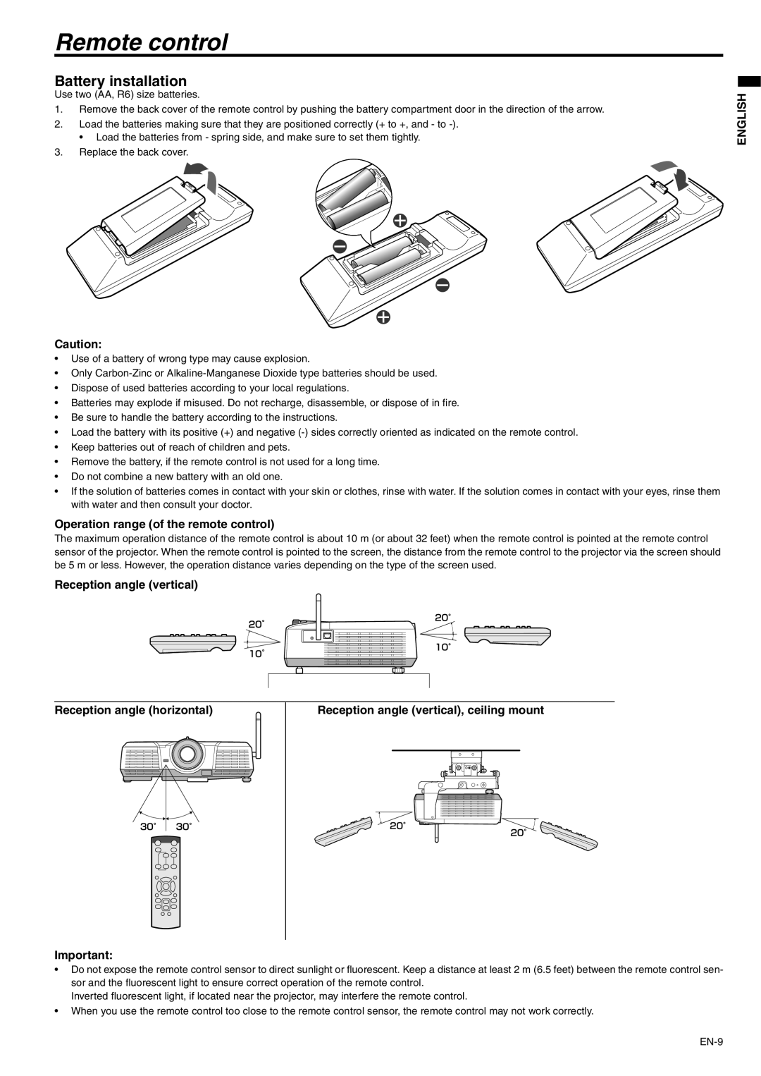 Mitsubishi Electronics XD530E, XD530U Remote control, Battery installation, Operation range of the remote control, English 