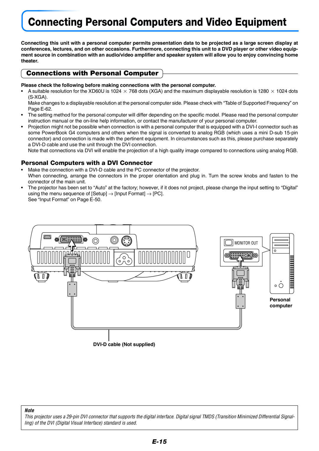 Mitsubishi Electronics XD60U user manual Connections with Personal Computer, Personal Computers with a DVI Connector, E-15 