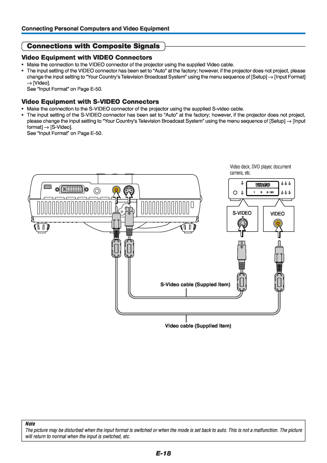 Mitsubishi Electronics XD60U user manual Connections with Composite Signals, Video Equipment with VIDEO Connectors, E-18 
