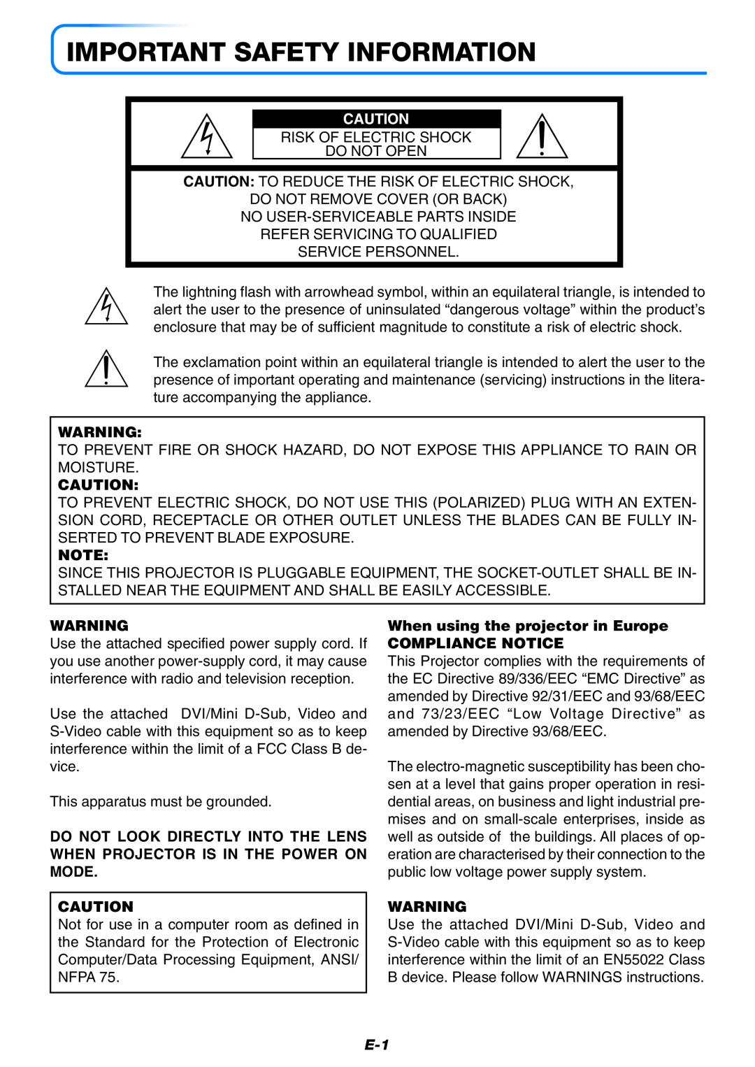 Mitsubishi Electronics XD60U user manual Important Safety Information, When using the projector in Europe COMPLIANCE NOTICE 