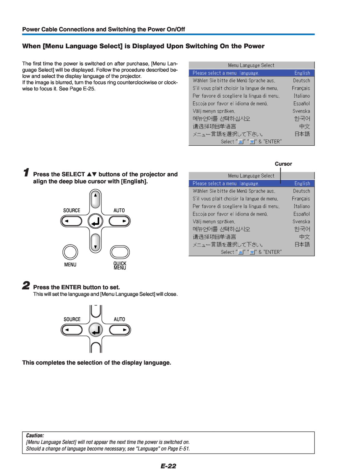 Mitsubishi Electronics XD60U user manual When Menu Language Select is Displayed Upon Switching On the Power, E-22, Cursor 