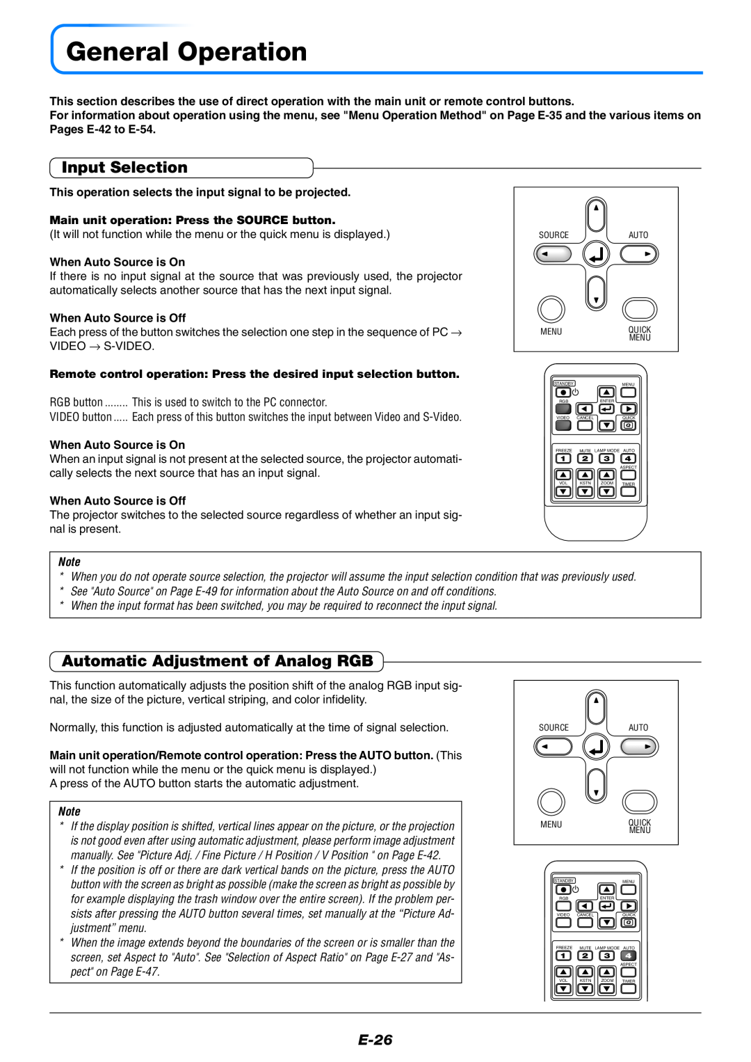 Mitsubishi Electronics XD60U user manual General Operation, Input Selection, Automatic Adjustment of Analog RGB, E-26 