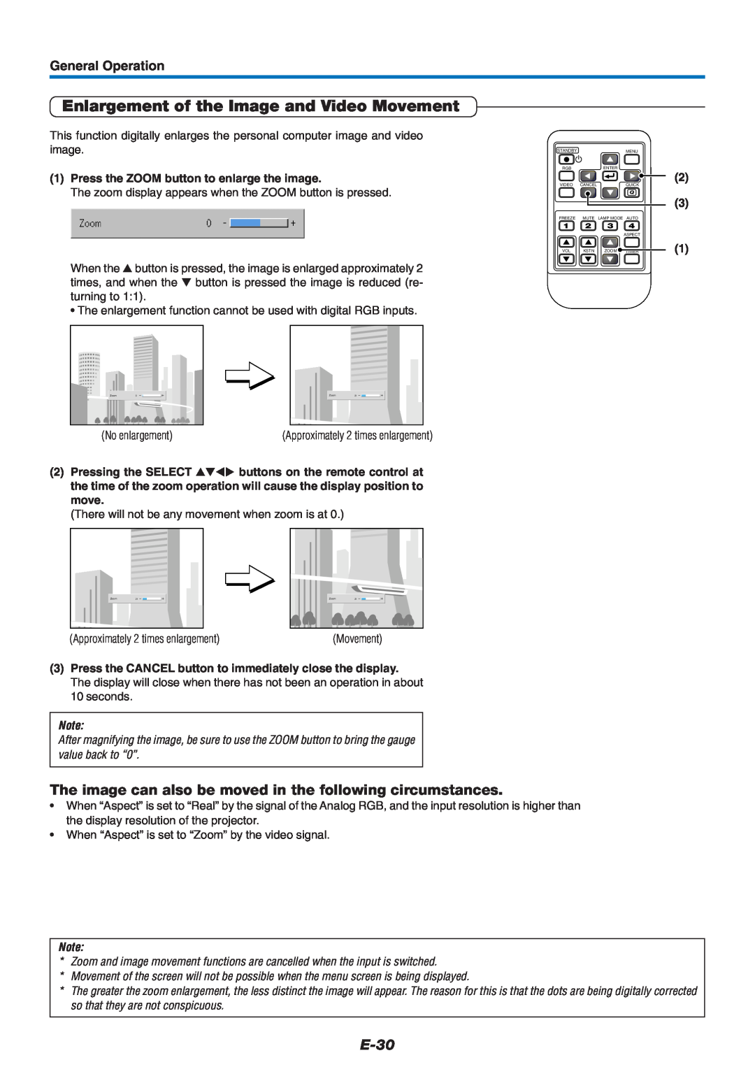Mitsubishi Electronics XD60U user manual Enlargement of the Image and Video Movement, E-30, General Operation 