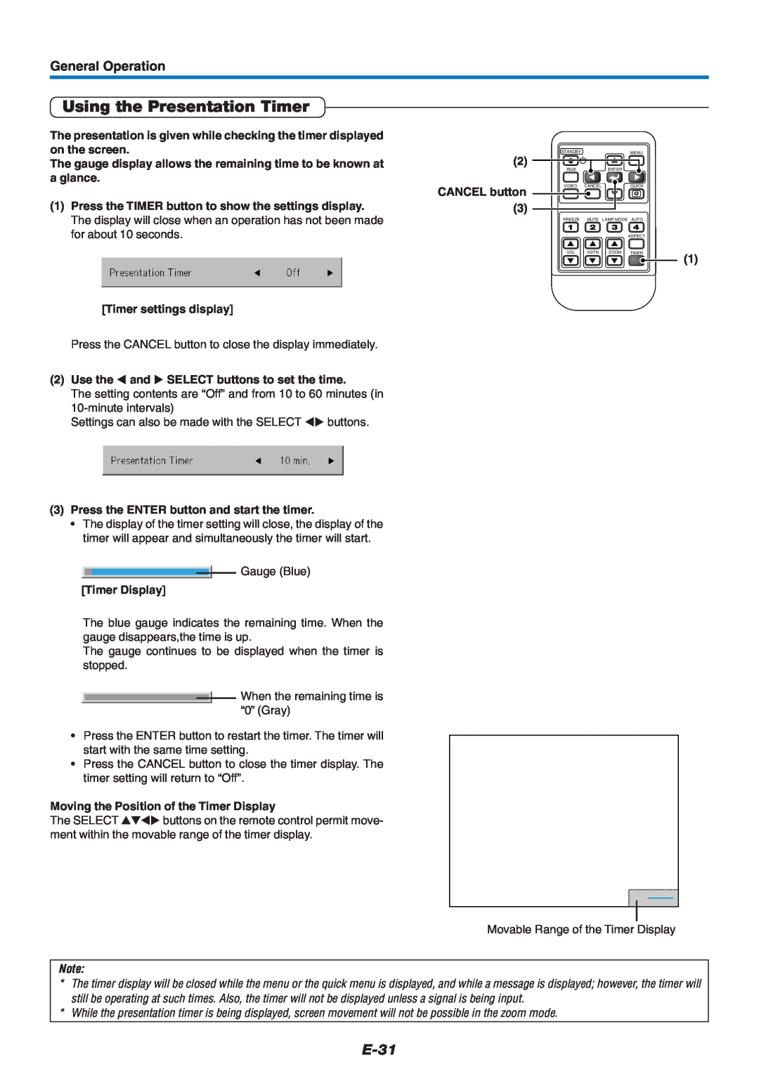 Mitsubishi Electronics XD60U Using the Presentation Timer, E-31, General Operation, Timer settings display, Timer Display 