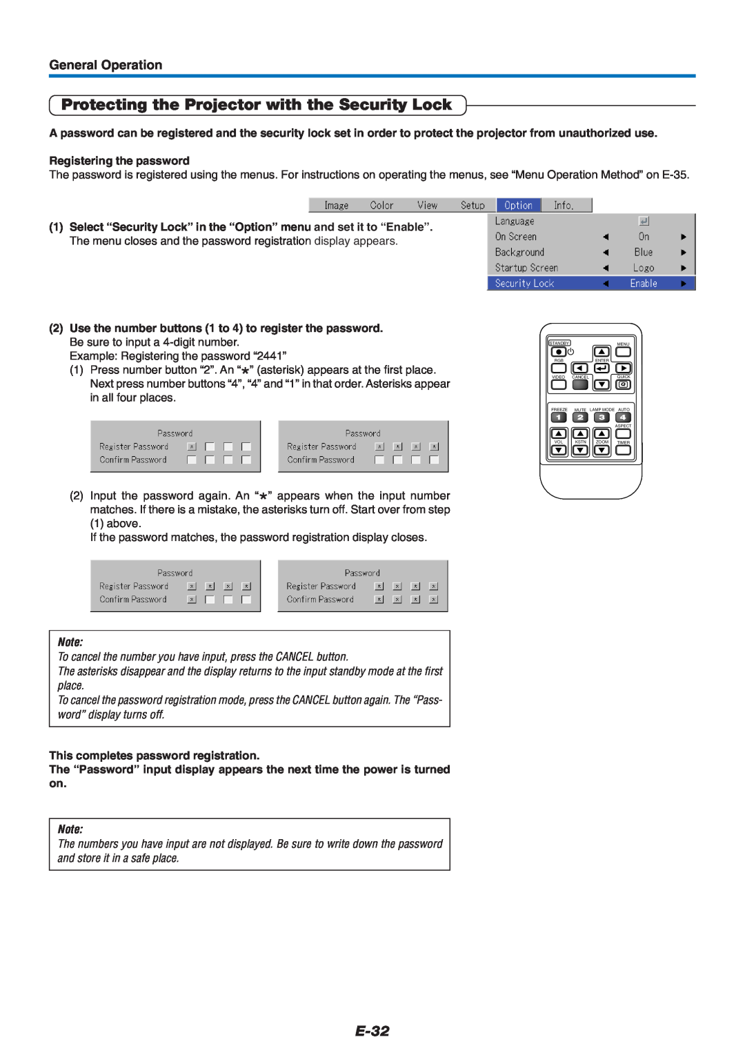 Mitsubishi Electronics XD60U user manual Protecting the Projector with the Security Lock, E-32, General Operation 