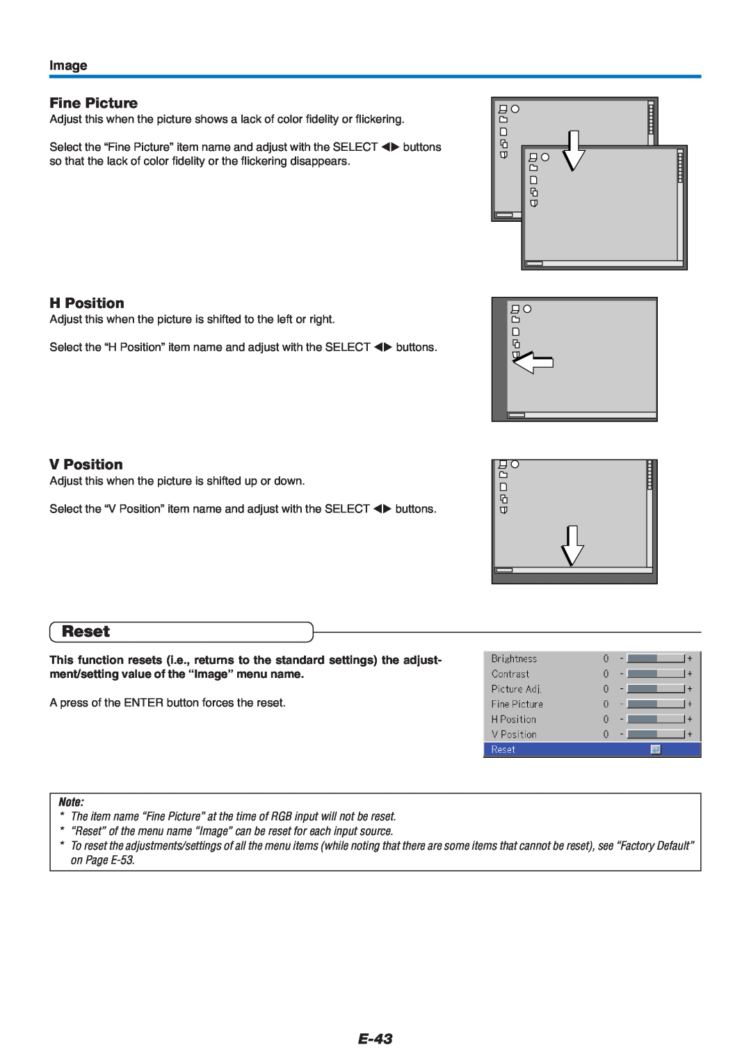 Mitsubishi Electronics XD60U user manual Reset, Fine Picture, H Position, V Position, E-43, Image 