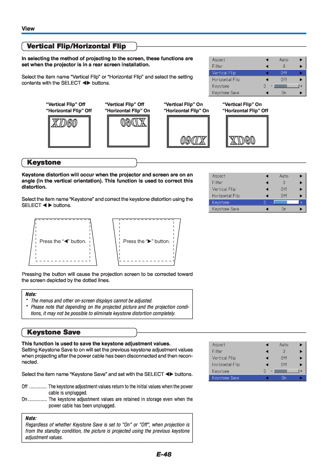 Mitsubishi Electronics XD60U user manual Vertical Flip/Horizontal Flip, Keystone Save, E-48, View 