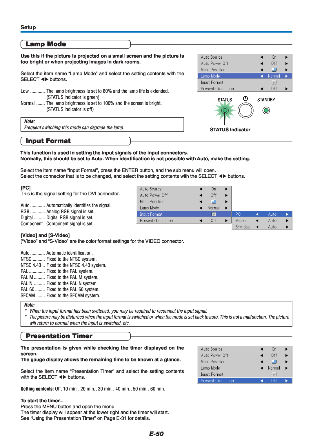 Mitsubishi Electronics XD60U Input Format, Presentation Timer, E-50, Lamp Mode, Setup, STATUS Indicator, Video and S-Video 