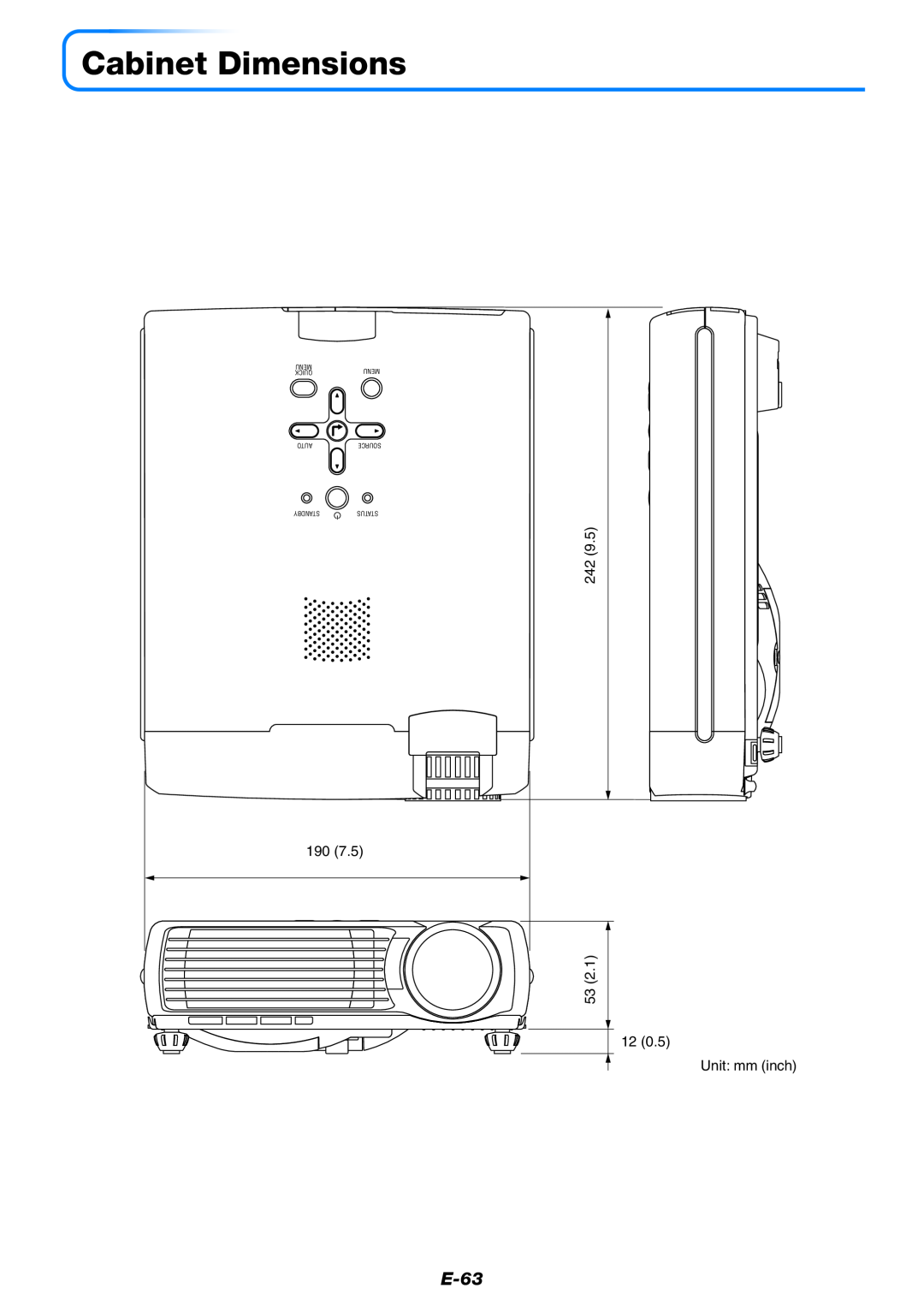 Mitsubishi Electronics XD60U user manual Cabinet Dimensions, E-63, Menu, Quick, Auto, Standby 