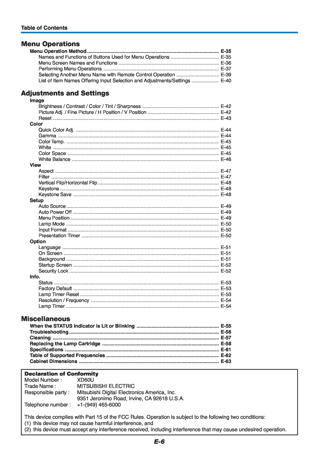 Mitsubishi Electronics XD60U Menu Operations, Adjustments and Settings, Miscellaneous, Table of Contents, E-35, Image 