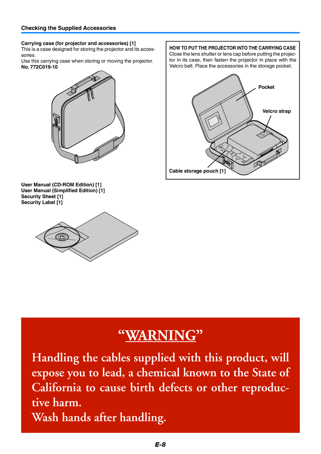 Mitsubishi Electronics XD60U user manual “Warning”, Wash hands after handling, Checking the Supplied Accessories 