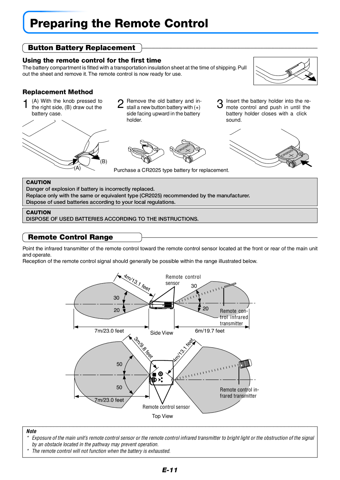 Mitsubishi Electronics XD80 user manual Preparing the Remote Control, Button Battery Replacement, Remote Control Range 