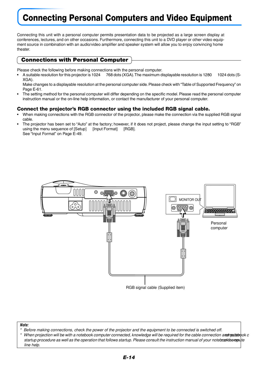 Mitsubishi Electronics XD80 Connections with Personal Computer, Personal computer RGB signal cable Supplied item 