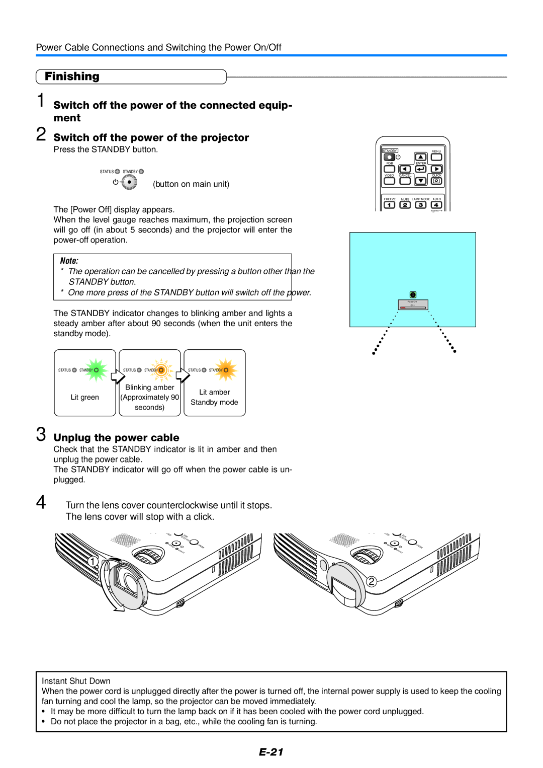 Mitsubishi Electronics XD80 user manual Finishing, Unplug the power cable, Button on main unit, Instant Shut Down 