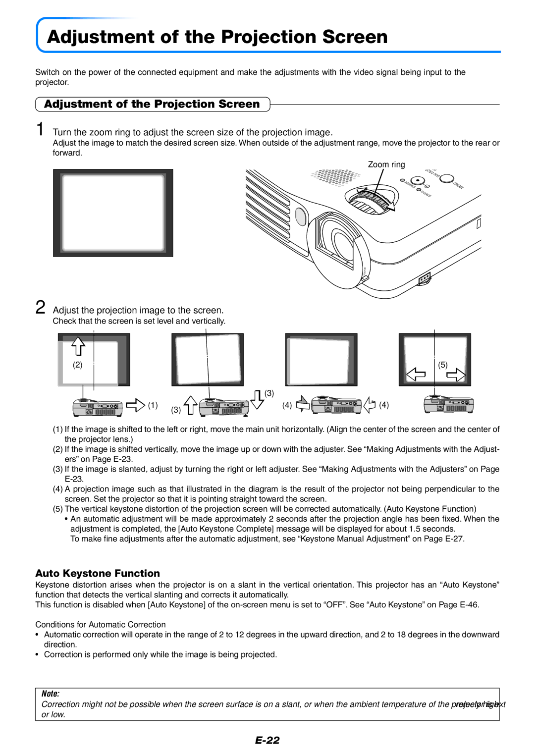 Mitsubishi Electronics XD80 user manual Adjustment of the Projection Screen, Auto Keystone Function 