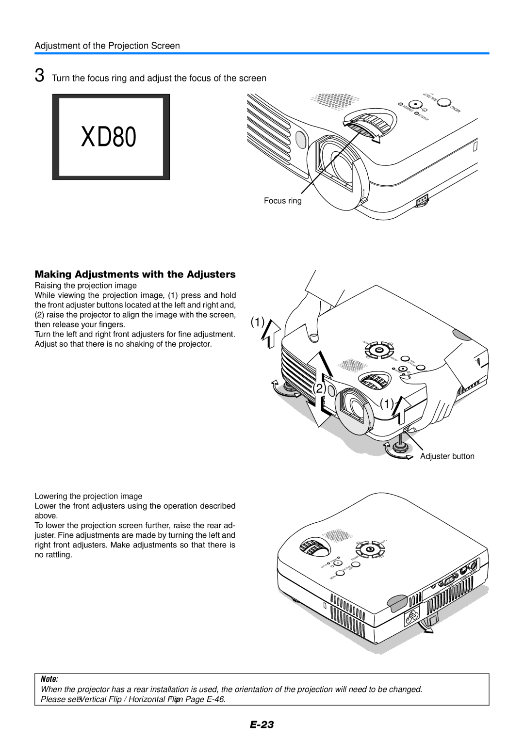 Mitsubishi Electronics XD80 user manual Making Adjustments with the Adjusters, Focus ring, Raising the projection image 