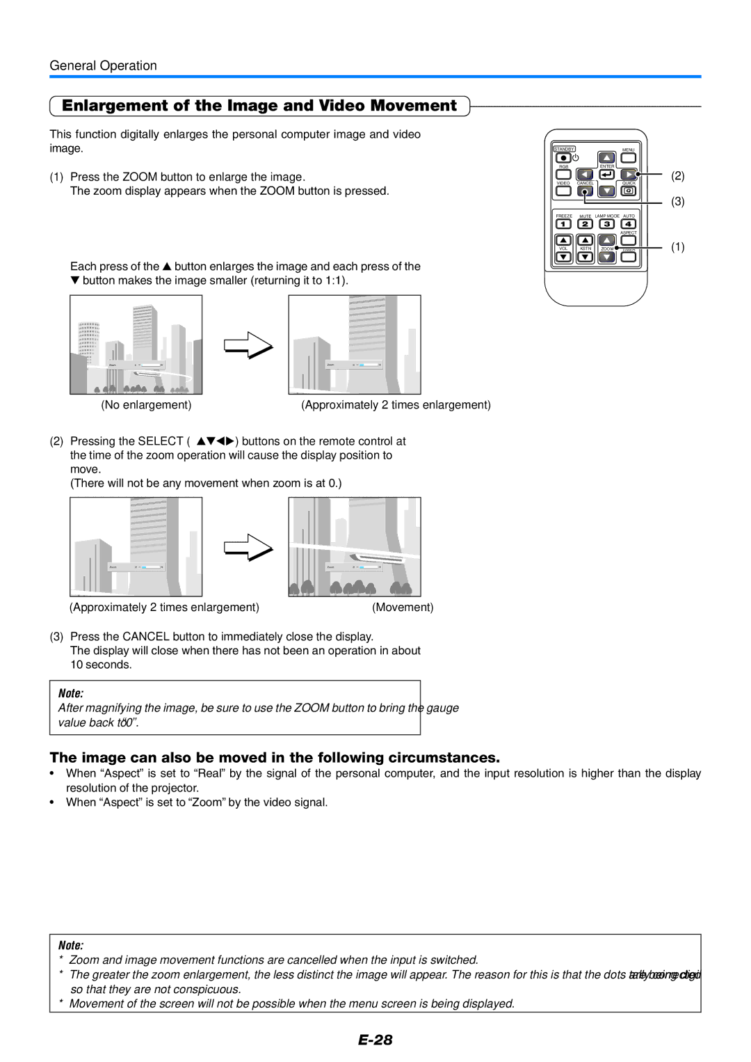 Mitsubishi Electronics XD80 Enlargement of the Image and Video Movement, Press the Zoom button to enlarge the image 